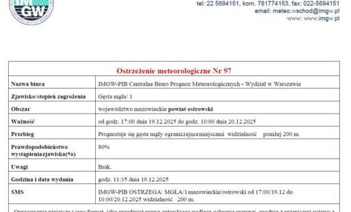 Zdjęcie do Ostrzeżenie meteorologiczne Nr 97 - Gęsta mgła