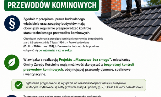 Zdjęcie do Zachęcamy mieszkańc&oacute;w Gminy Zaręby Kościelne do skorzystania z bezpłatnych kontroli przewod&oacute;w kominowych 