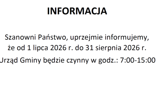 Zdjęcie do INFORMACJA O GODZINACH PRACY URZĘDU GMINY