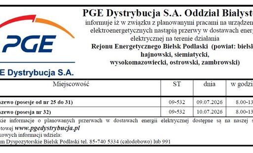 Wyłączenia prądu na terenie gminy Zaręby Kościelne