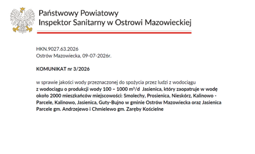 Zdjęcie do Komunikat w sprawie jakości wody w miejscowości Chmielewo