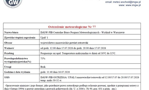 Zdjęcie do Ostrzeżenie meteorologiczne nr 77 - upał