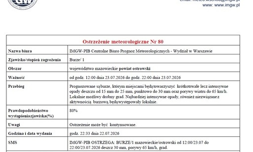 Zdjęcie do Ostrzeżenie meteorologiczne nr 80 - burze