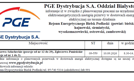 Wyłączenia prądu na terenie gminy Zaręby Kościelne - 10.09.2026r