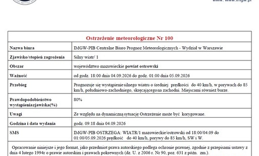 Zdjęcie do Ostrzeżenie meteorologiczne nr 100 - Silny wiatr