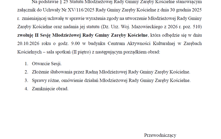 II Sesja Młodzieżowej Rady Gminy Zaręby Kościelne