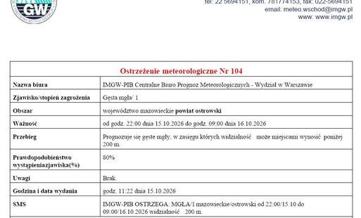 Zdjęcie do Ostrzeżenie meteorologiczne nr 104 - Gęsta mgła