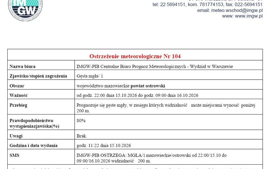 Ostrzeżenie meteorologiczne nr 104 przed gęstą mgłą
